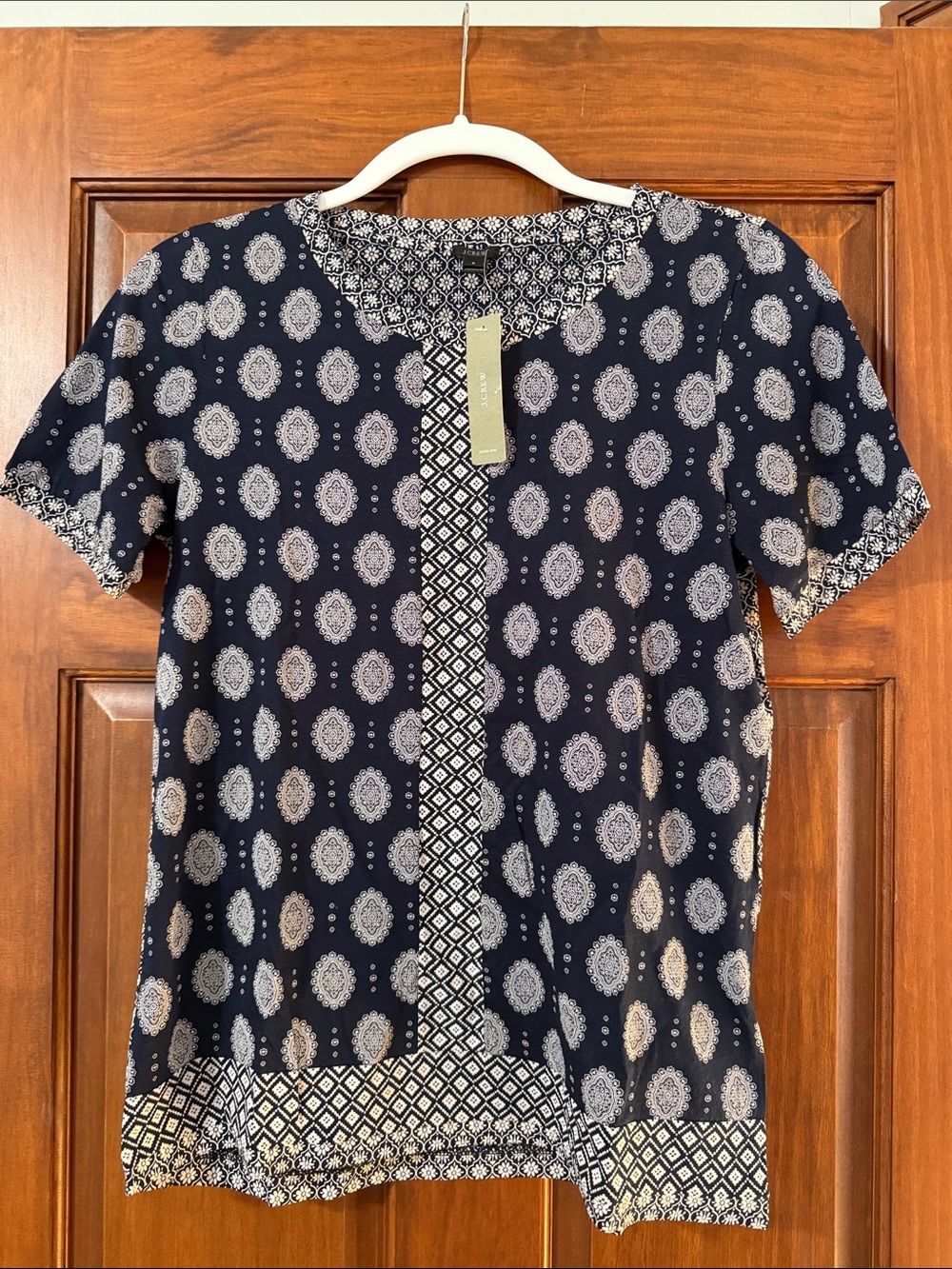 J. Crew Navy and Cream Medallion Print Short-Sleeve Top